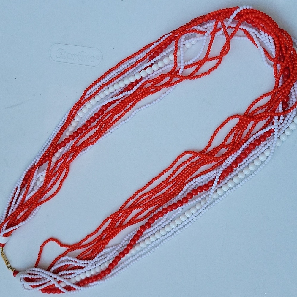 Vintage Dauplaise Beaded Necklace Multi String Layer Statement Signed Red White